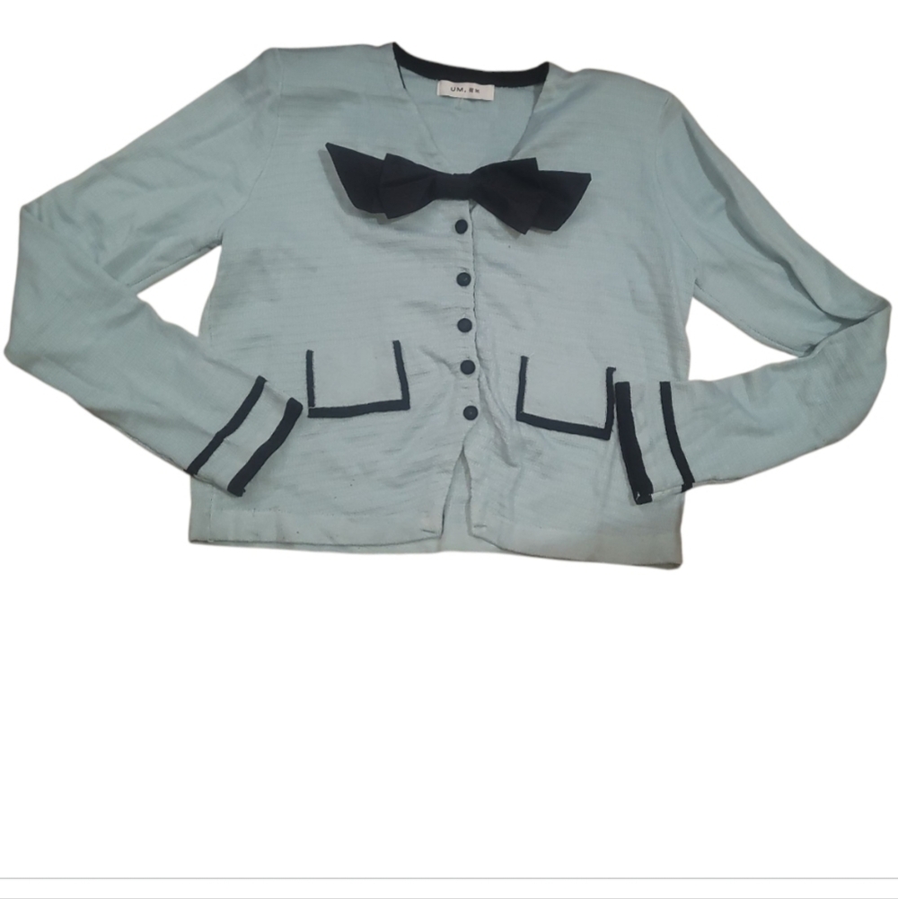 UM lightweight baby blue black bow cardigan sweater